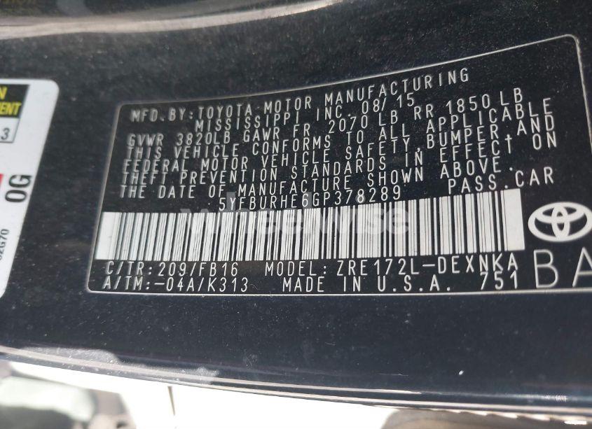 Photo 9 of 2016 Toyota Corolla LE (VIN 5YFBURHE6GP378289)