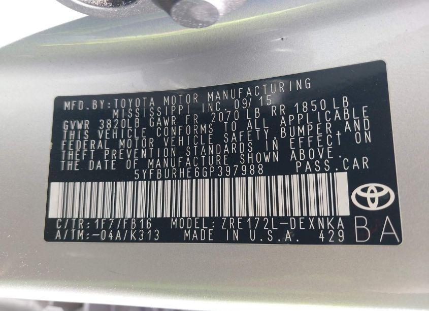 Photo 9 of 2016 Toyota Corolla LE (VIN 5YFBURHE6GP397988)