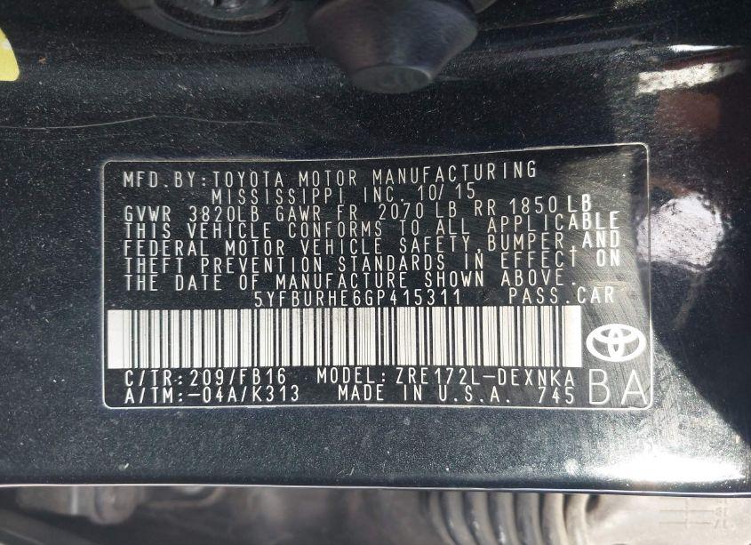 Photo 9 of 2016 Toyota Corolla LE (VIN 5YFBURHE6GP415311)