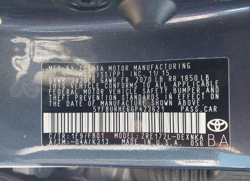 Photo 9 of 2016 Toyota Corolla LE (VIN 5YFBURHE6GP423621)