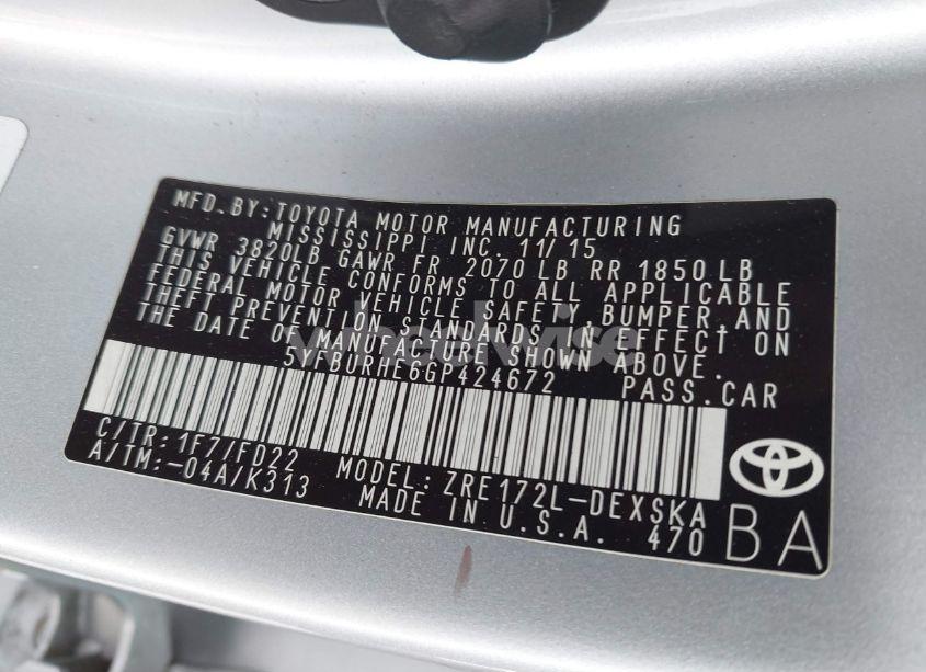 Photo 9 of 2016 Toyota Corolla S PLUS (VIN 5YFBURHE6GP424672)