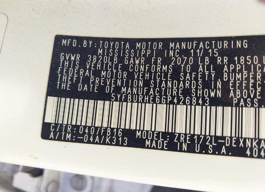 Photo 9 of 2016 Toyota Corolla LE (VIN 5YFBURHE6GP426843)