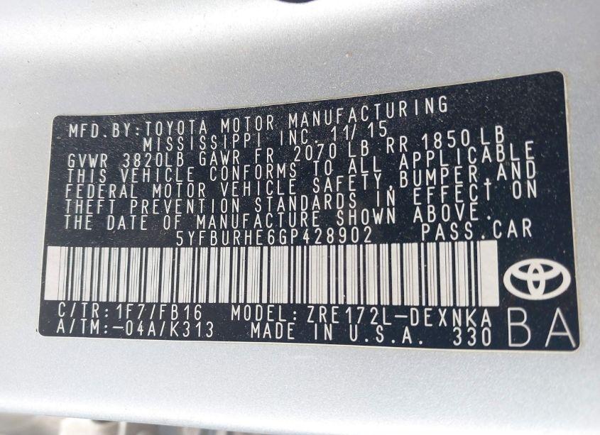 Photo 9 of 2016 Toyota Corolla LE (VIN 5YFBURHE6GP428902)