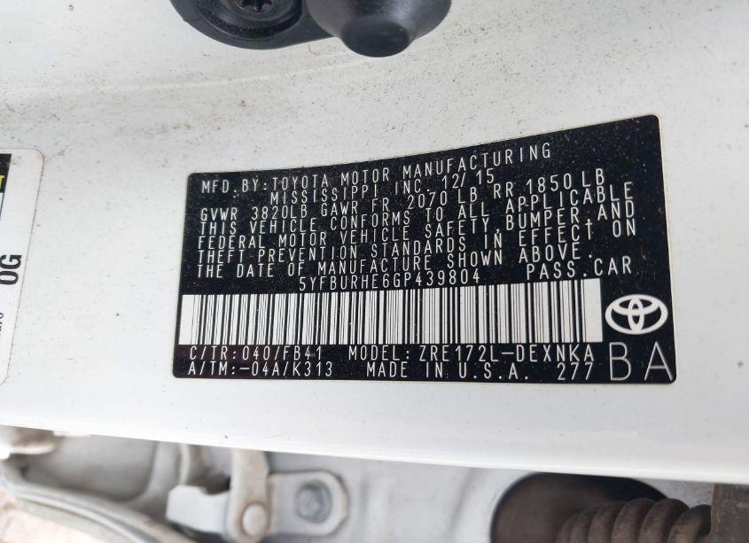 Photo 9 of 2016 Toyota Corolla LE (VIN 5YFBURHE6GP439804)