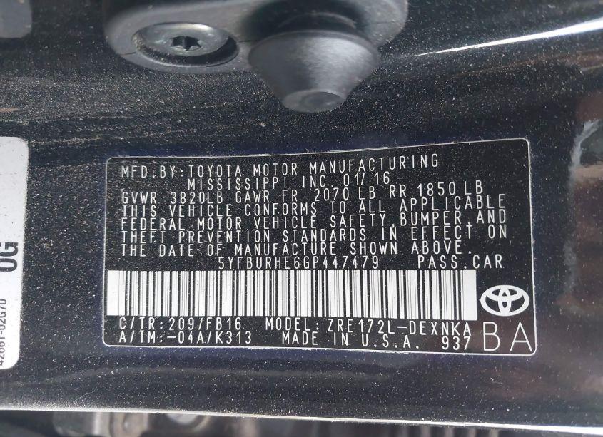 Photo 9 of 2016 Toyota Corolla LE (VIN 5YFBURHE6GP447479)