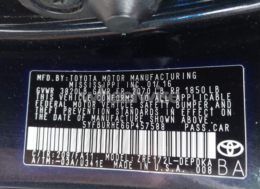 Photo 9 of 2016 Toyota Corolla L (VIN 5YFBURHE6GP457588)