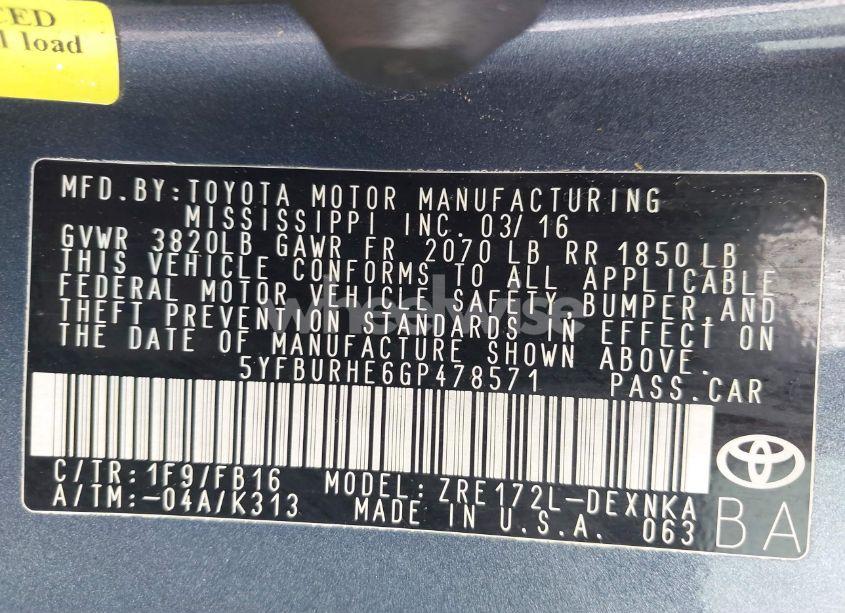 Photo 9 of 2016 Toyota Corolla LE (VIN 5YFBURHE6GP478571)