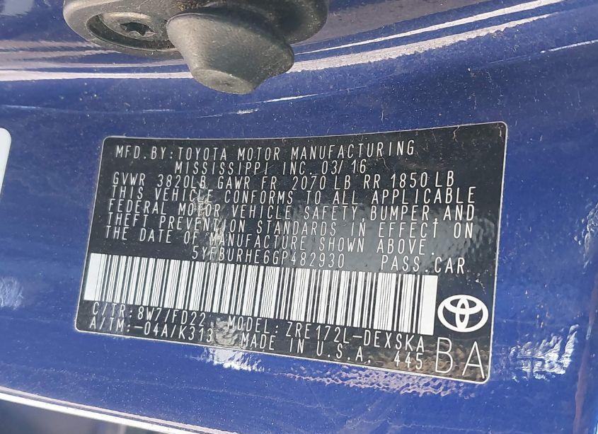 Photo 9 of 2016 Toyota Corolla S PLUS (VIN 5YFBURHE6GP482930)