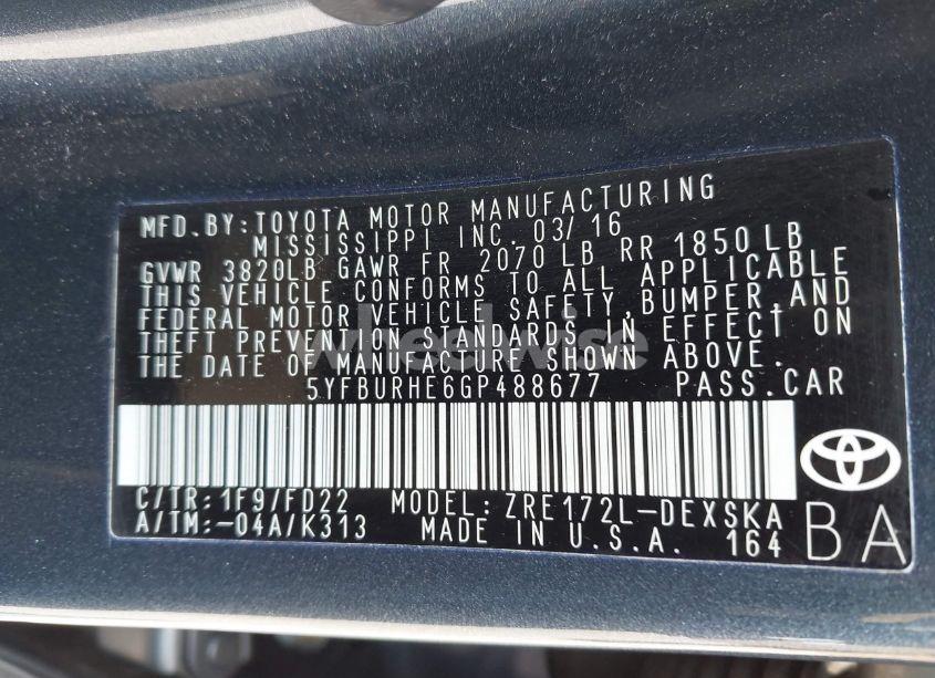 Photo 9 of 2016 Toyota Corolla S PLUS (VIN 5YFBURHE6GP488677)