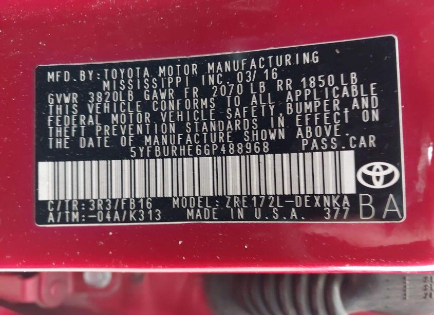 Photo 9 of 2016 Toyota Corolla LE (VIN 5YFBURHE6GP488968)