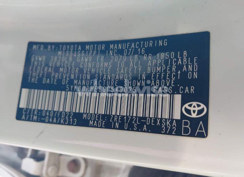 Photo 9 of 2016 Toyota Corolla S PLUS (VIN 5YFBURHE6GP549025)