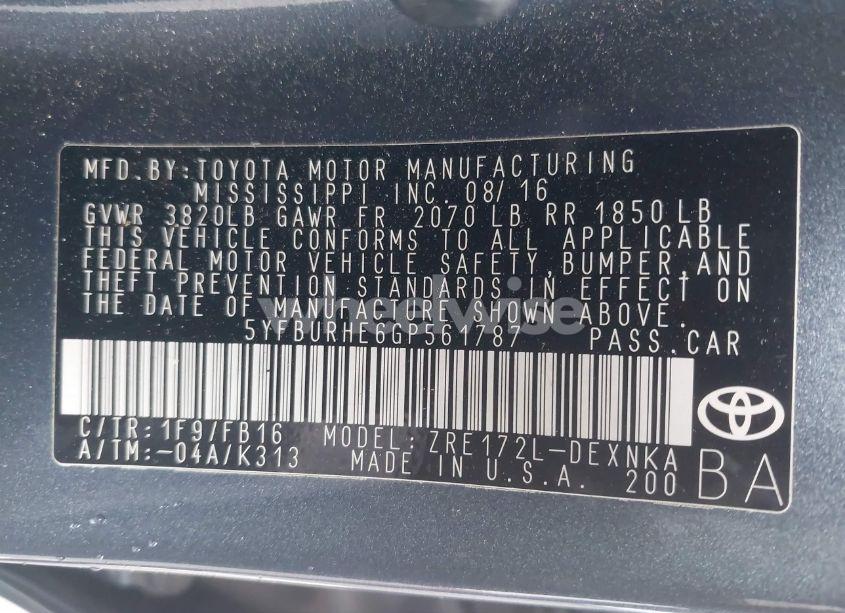 Photo 9 of 2016 Toyota Corolla LE PLUS (VIN 5YFBURHE6GP561787)