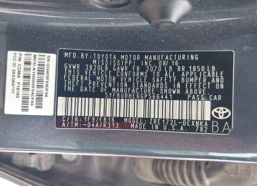 Photo 9 of 2016 Toyota Corolla LE (VIN 5YFBURHE6GP566441)