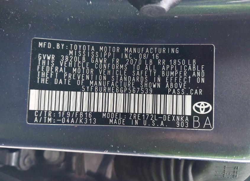 Photo 9 of 2016 Toyota Corolla LE (VIN 5YFBURHE6GP567539)