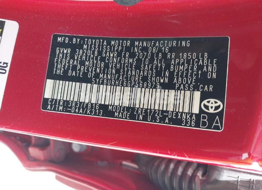 Photo 9 of 2016 Toyota Corolla LE (VIN 5YFBURHE6GP568979)