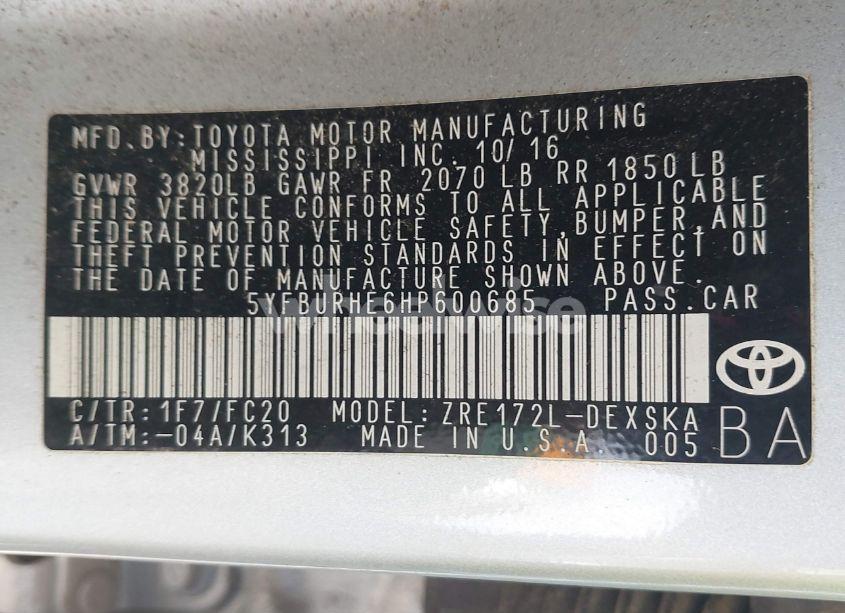 Photo 9 of 2017 Toyota Corolla SE (VIN 5YFBURHE6HP600685)