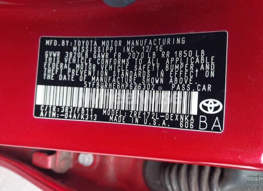 Photo 9 of 2017 Toyota Corolla LE (VIN 5YFBURHE6HP626302)