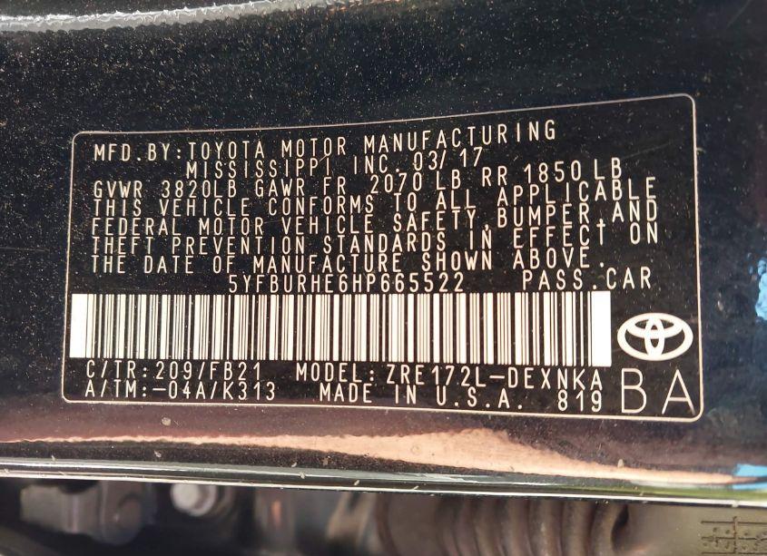 Photo 9 of 2017 Toyota Corolla L/LE/SE/SE SPECIAL EDITION/XLE/XSE (VIN 5YFBURHE6HP665522)