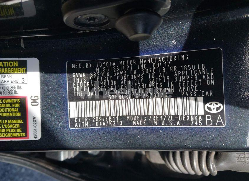 Photo 9 of 2017 Toyota Corolla LE (VIN 5YFBURHE6HP670476)