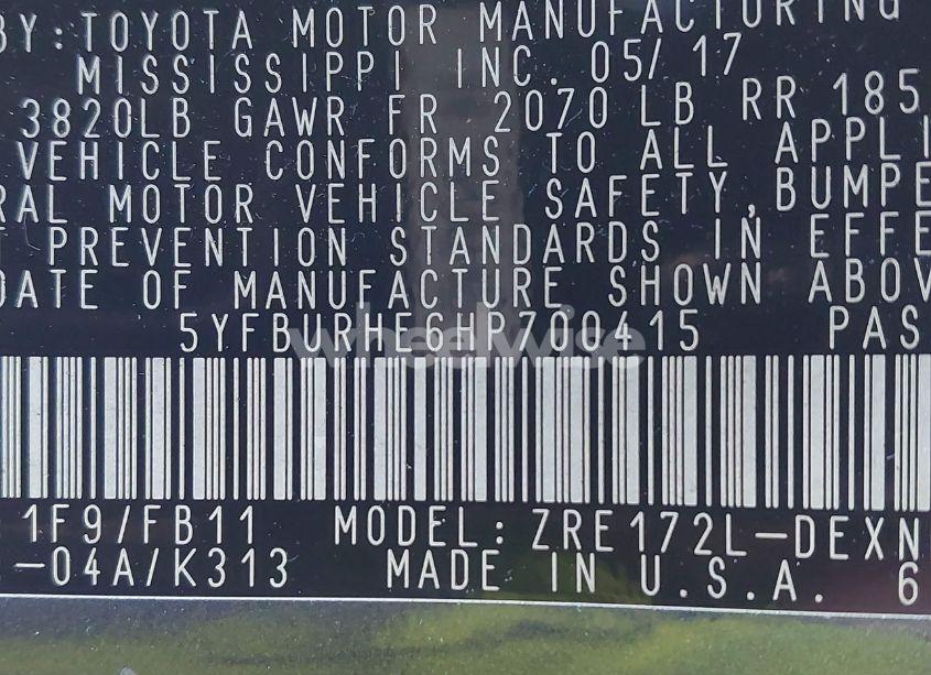 Photo 9 of 2017 Toyota Corolla LE (VIN 5YFBURHE6HP700415)