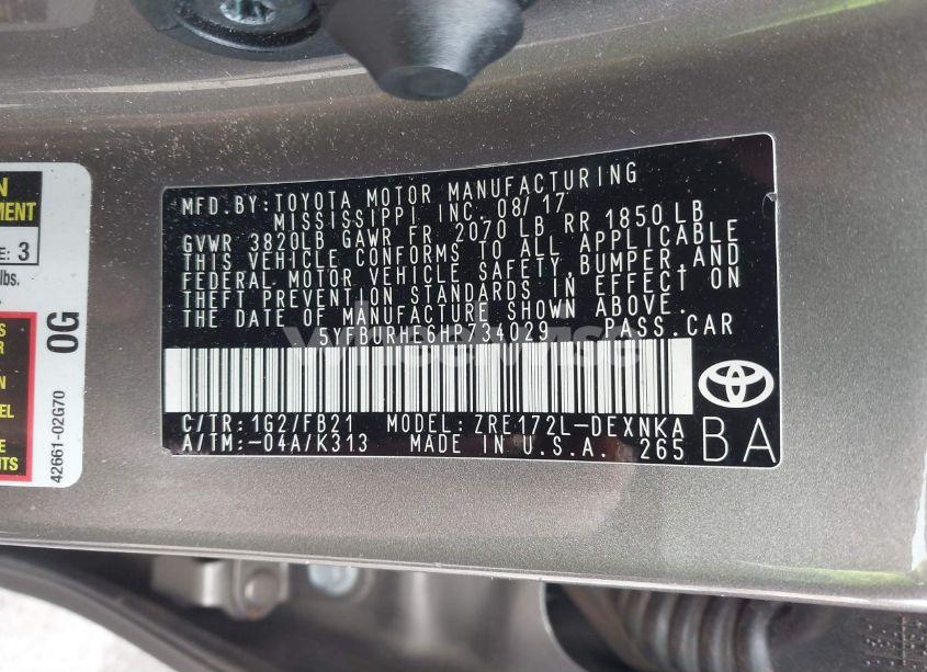 Photo 9 of 2017 Toyota Corolla LE (VIN 5YFBURHE6HP734029)