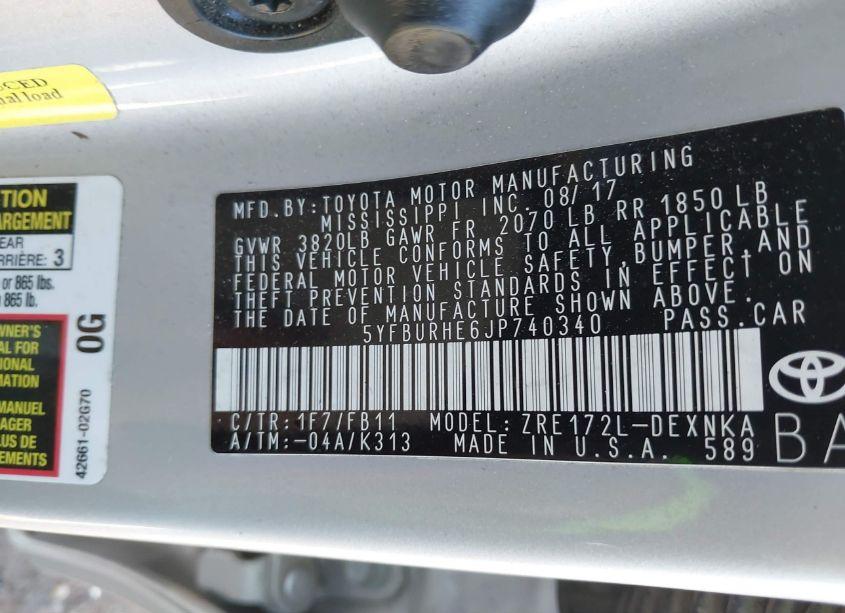 Photo 9 of 2018 Toyota Corolla LE (VIN 5YFBURHE6JP740340)