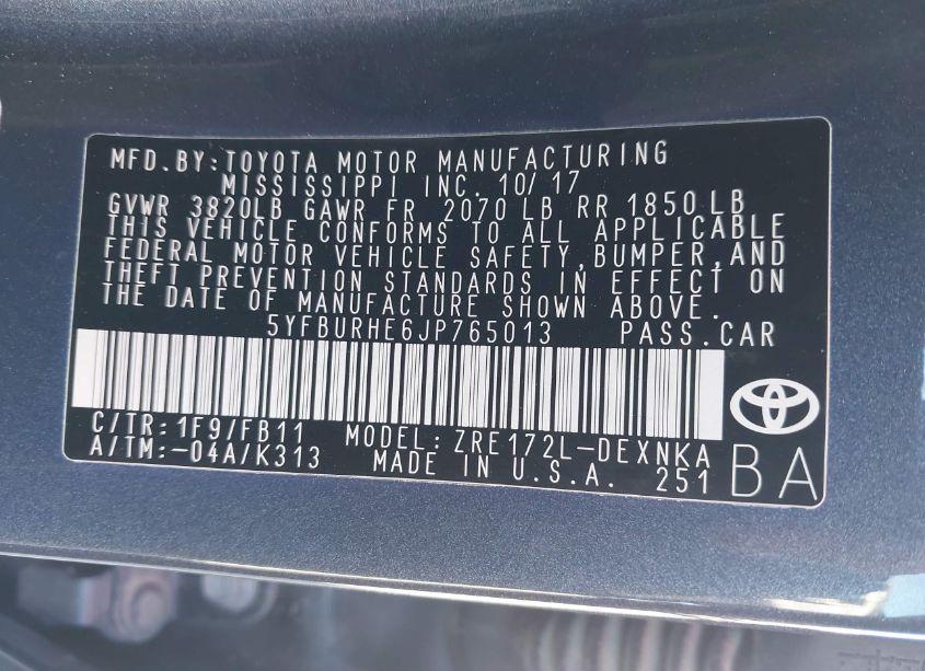 Photo 9 of 2018 Toyota Corolla LE (VIN 5YFBURHE6JP765013)