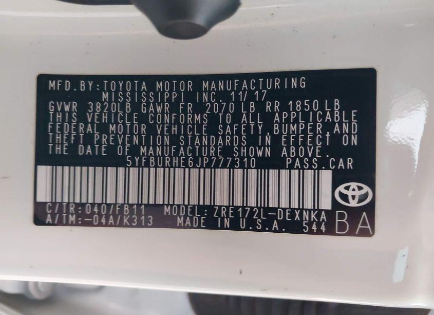 Photo 9 of 2018 Toyota Corolla LE (VIN 5YFBURHE6JP777310)