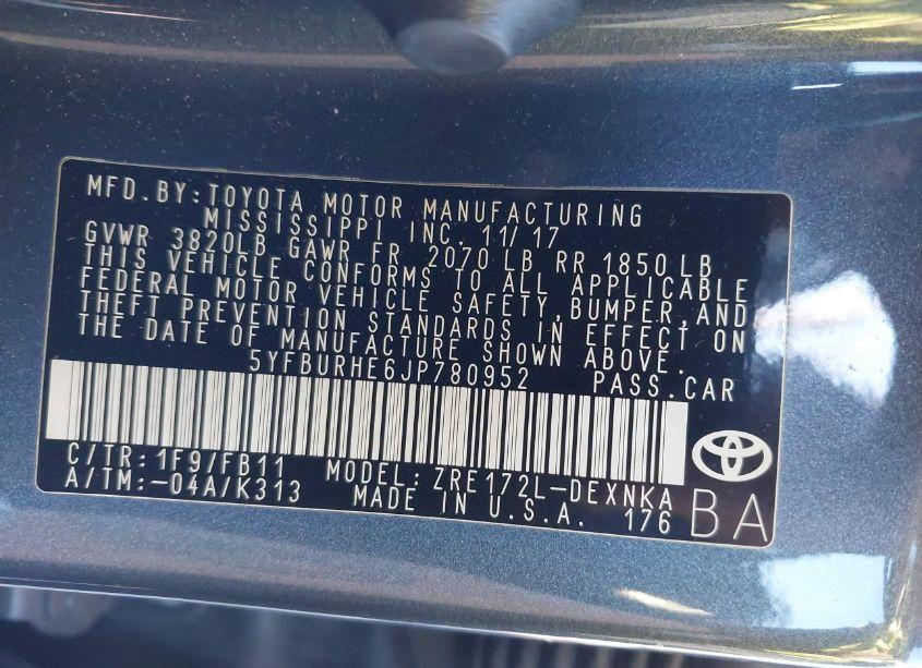 Photo 9 of 2018 Toyota Corolla LE (VIN 5YFBURHE6JP780952)