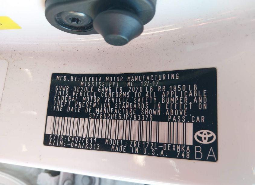 Photo 9 of 2018 Toyota Corolla LE (VIN 5YFBURHE6JP783379)