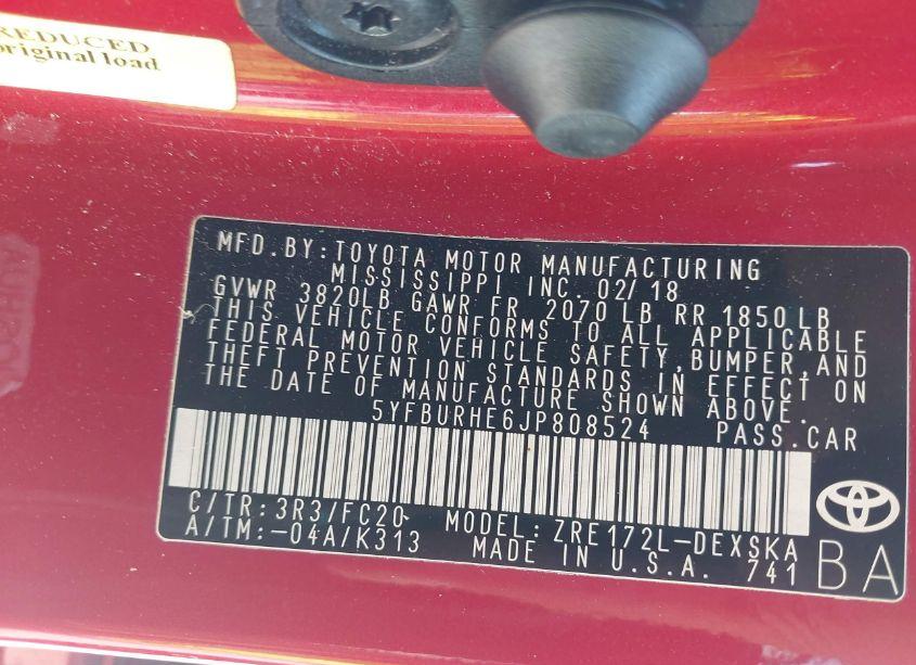 Photo 9 of 2018 Toyota Corolla SE (VIN 5YFBURHE6JP808524)