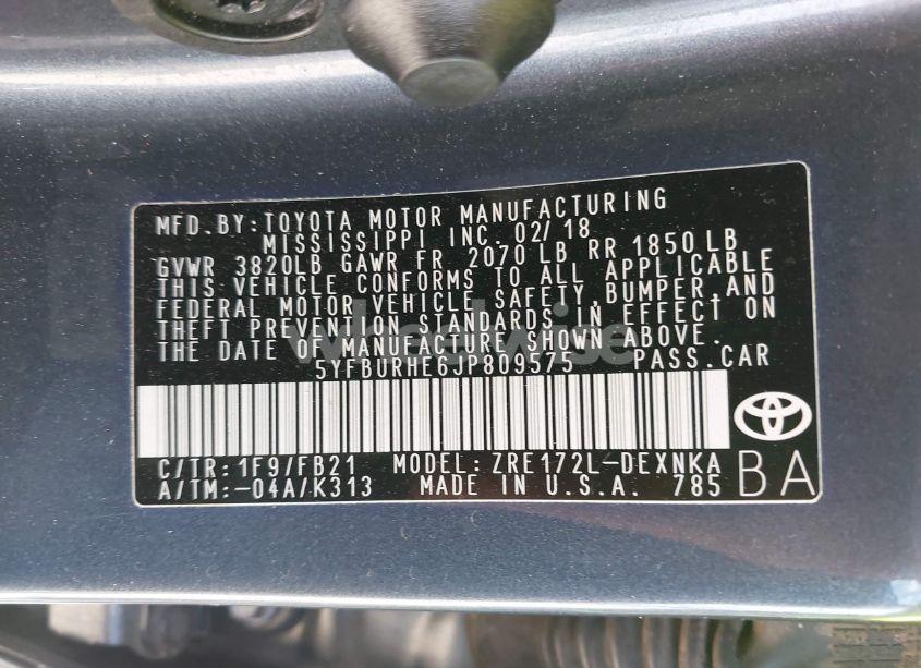 Photo 9 of 2018 Toyota Corolla LE (VIN 5YFBURHE6JP809575)