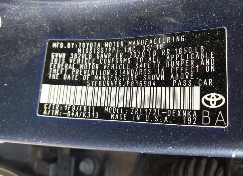 Photo 9 of 2018 Toyota Corolla LE (VIN 5YFBURHE6JP816994)