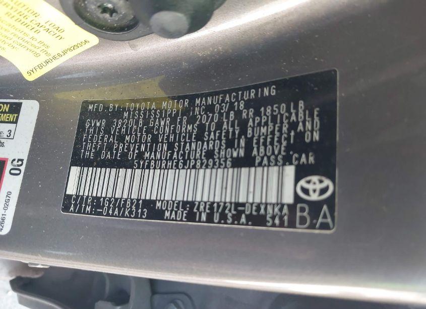 Photo 9 of 2018 Toyota Corolla LE (VIN 5YFBURHE6JP829356)