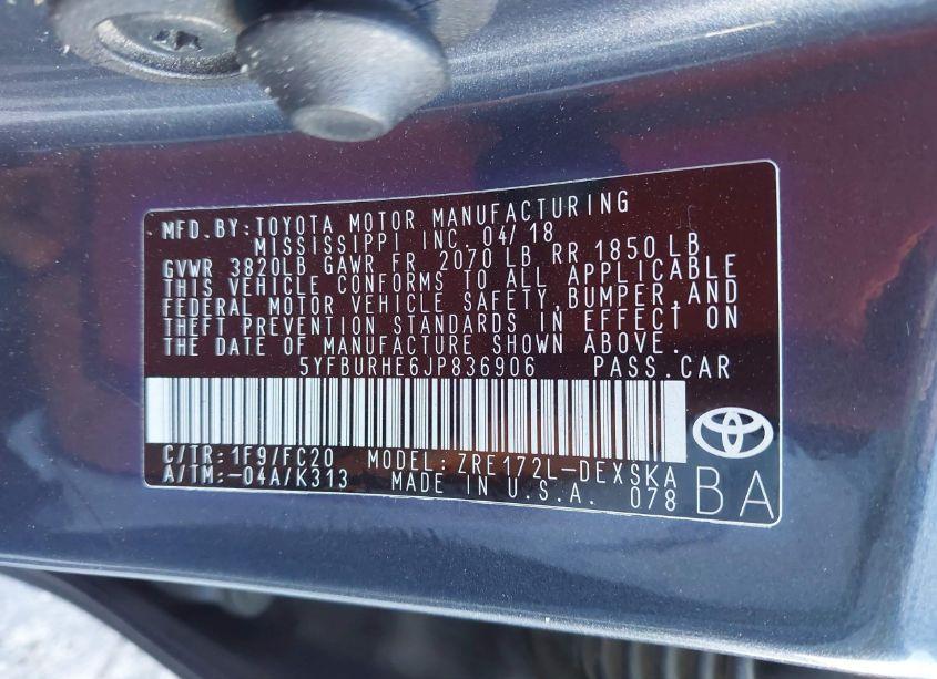 Photo 9 of 2018 Toyota Corolla L/LE/XLE/SE/XSE (VIN 5YFBURHE6JP836906)