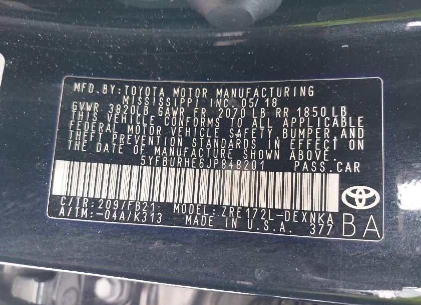 Photo 9 of 2018 Toyota Corolla LE (VIN 5YFBURHE6JP848201)