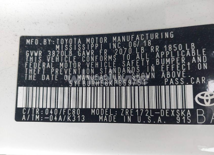 Photo 9 of 2019 Toyota Corolla SE (VIN 5YFBURHE6KP859751)