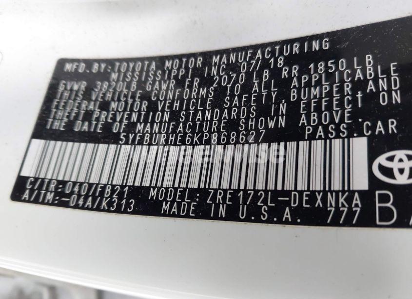 Photo 9 of 2019 Toyota Corolla LE (VIN 5YFBURHE6KP868627)