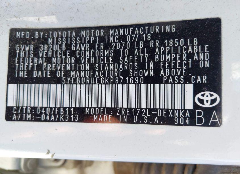 Photo 9 of 2019 Toyota Corolla LE (VIN 5YFBURHE6KP871690)