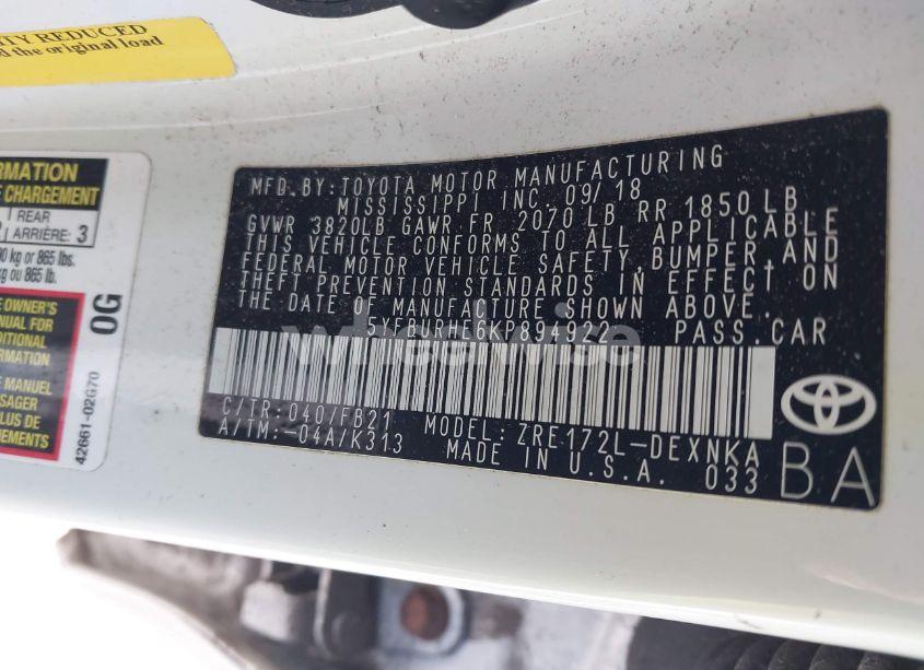 Photo 9 of 2019 Toyota Corolla LE (VIN 5YFBURHE6KP894922)