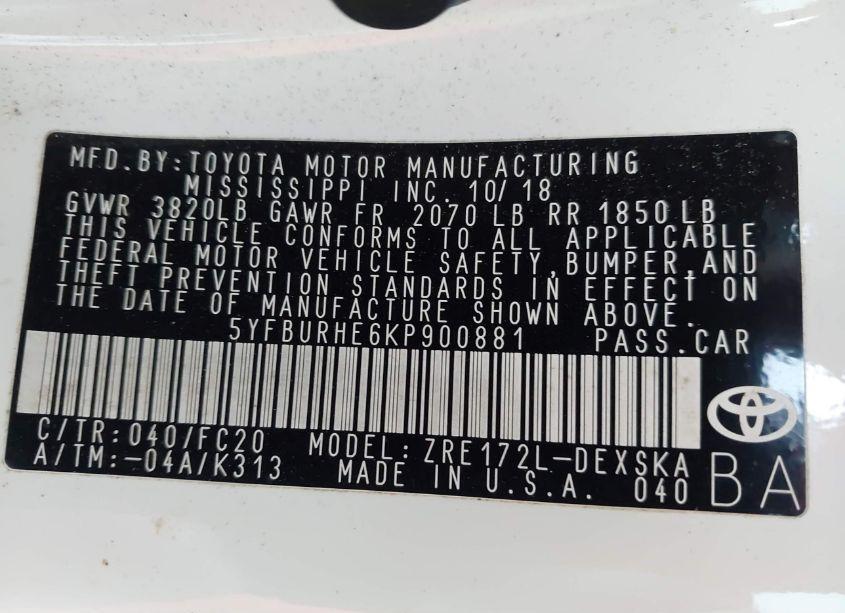 Photo 9 of 2019 Toyota Corolla SE (VIN 5YFBURHE6KP900881)