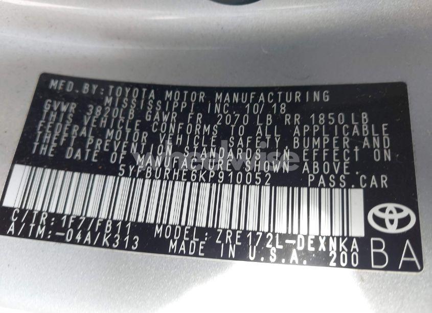 Photo 9 of 2019 Toyota Corolla L/LE/SE/XLE/XSE (VIN 5YFBURHE6KP910052)