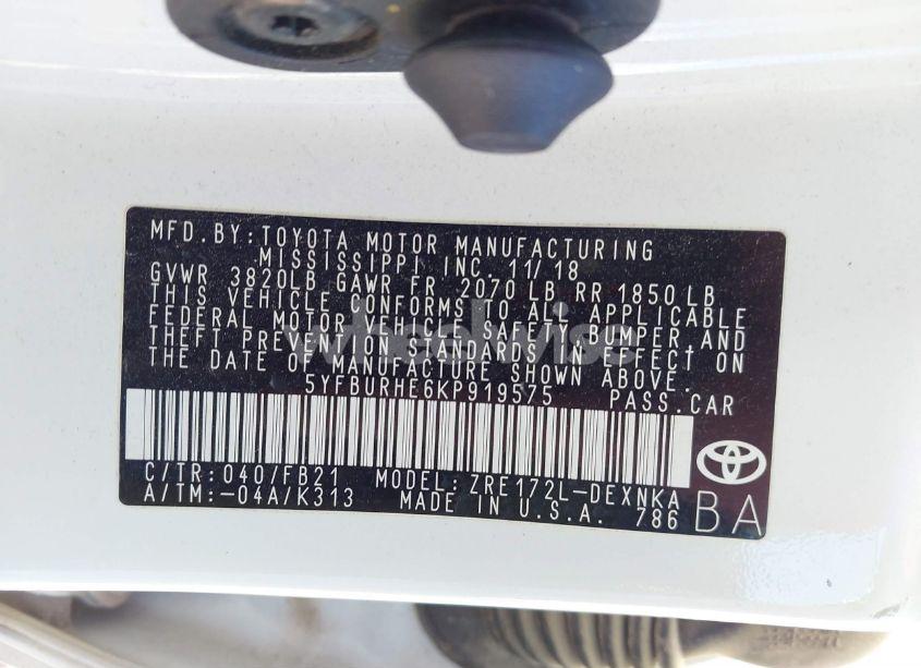 Photo 9 of 2019 Toyota Corolla LE (VIN 5YFBURHE6KP919575)