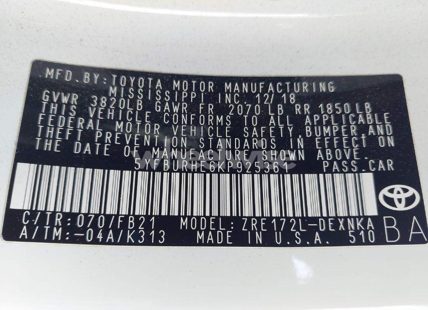 Photo 9 of 2019 Toyota Corolla LE (VIN 5YFBURHE6KP925361)