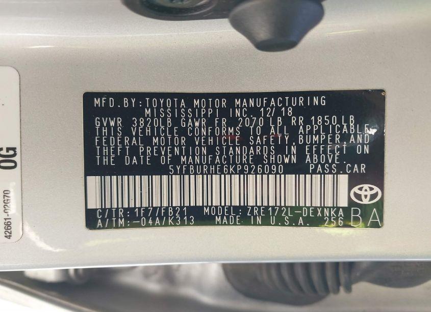 Photo 9 of 2019 Toyota Corolla LE (VIN 5YFBURHE6KP926090)