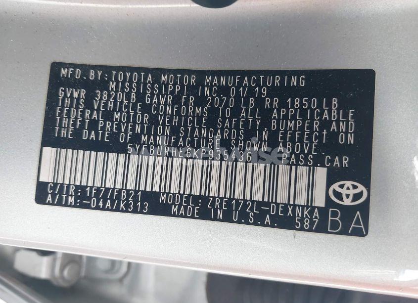 Photo 9 of 2019 Toyota Corolla LE (VIN 5YFBURHE6KP935436)
