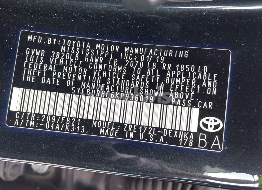 Photo 9 of 2019 Toyota Corolla LE (VIN 5YFBURHE6KP936019)