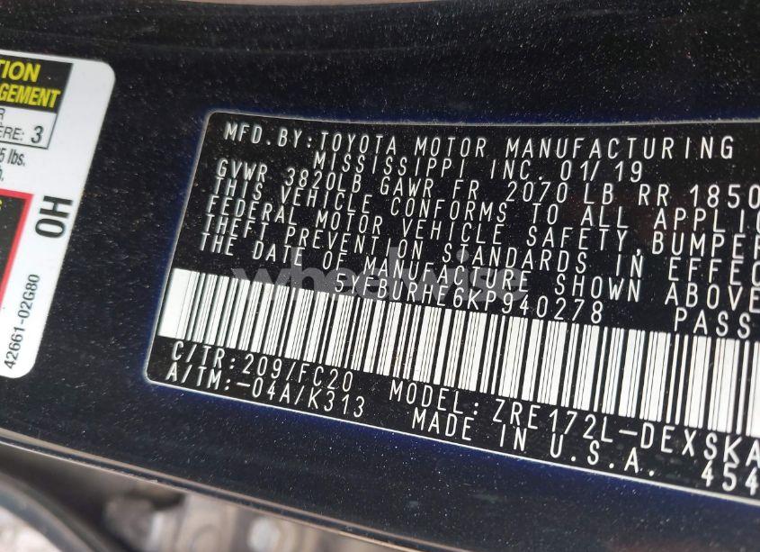 Photo 9 of 2019 Toyota Corolla SE (VIN 5YFBURHE6KP940278)