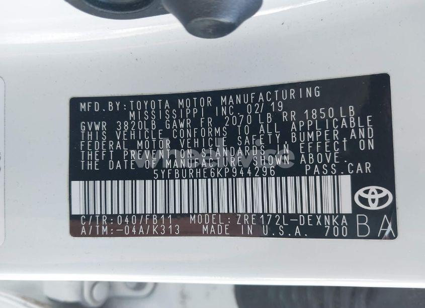 Photo 9 of 2019 Toyota Corolla LE (VIN 5YFBURHE6KP944296)