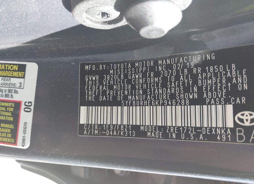 Photo 9 of 2019 Toyota Corolla LE (VIN 5YFBURHE6KP946288)